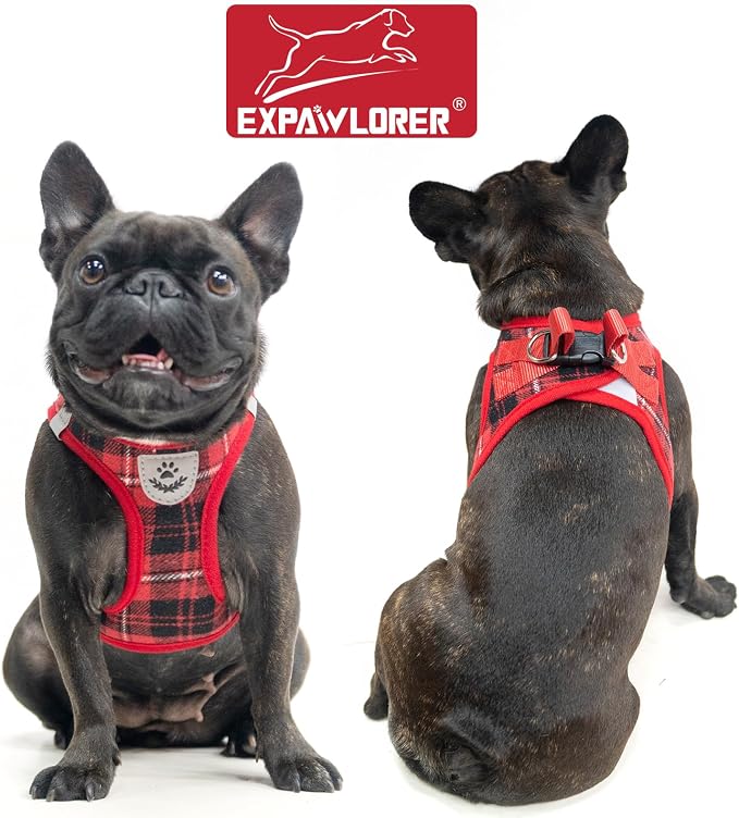 Classic Plaid Puppy Harness - Small Dog Harness and Leash Set - Dog Collar and Leash Set with AirTag Holder, Soft Padded Step in Dog Vest Harness No Pull Reflective for Outdoor, Red M - Image 5