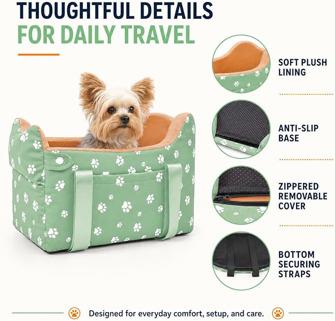 Dog Center Console Car Seat for Small Dogs Under 15lbs,Detachable Washable Booster Pet Car Seat Travel Bed with Storage Pockets and Seat Belt(Green) - Image 5