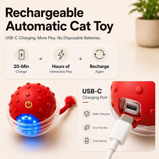 Interactive Rolling Cat Ball, Motion Activated Automatic Cat Toy | Smart Play, High Power, Anti-Stuck Rolling, Carpet & Hardwood, Chirping Sound, USB-C Rechargeable, 3 Modes, Durable - Image 7