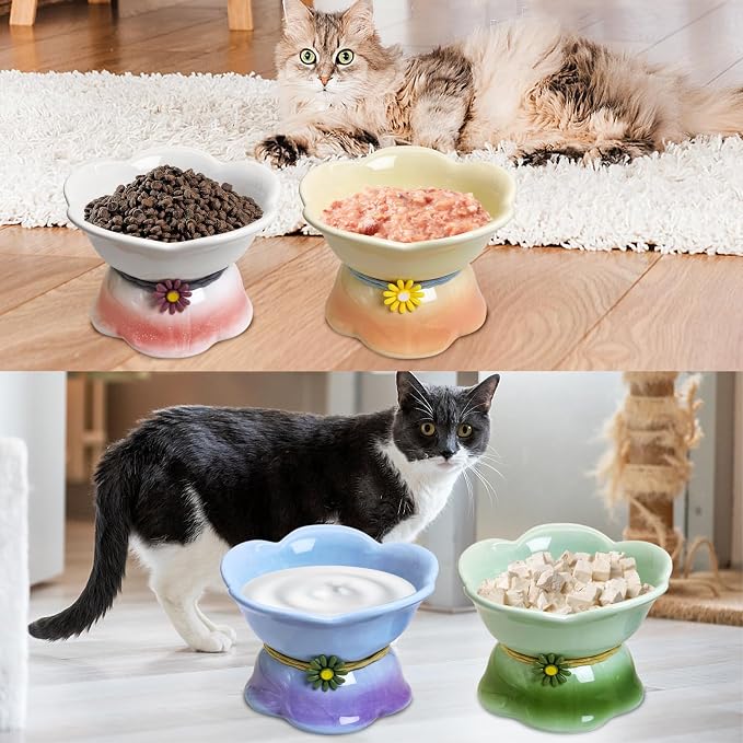 Kathson 4 Pcs Ceramic Raised Cat Food Bowls Elevated Kitty Bowl for Food and Water Anti Vomiting Tilted Cat Bowl for Kittens and Small Dogs Dishwasher and Microwave Safe (8.45 Ounces) - Image 7