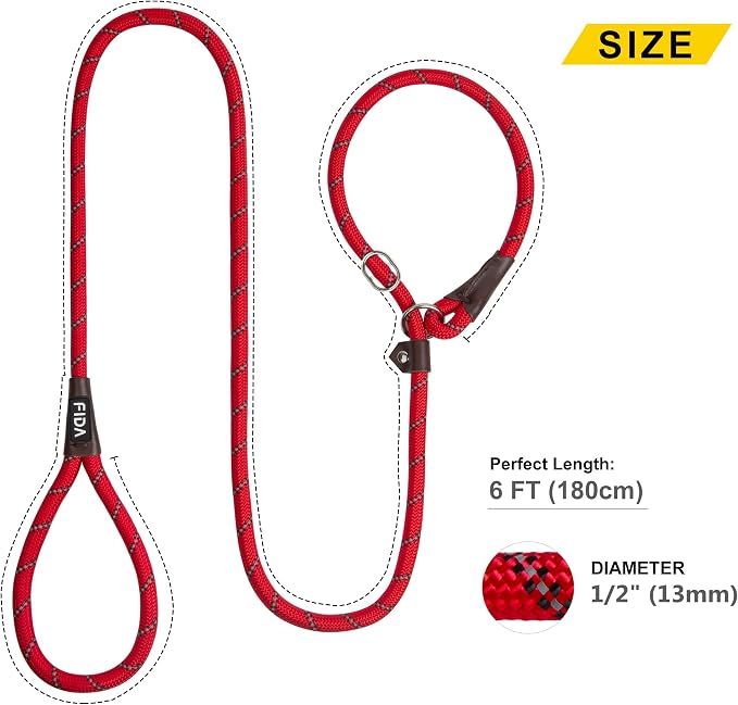 Fida Slip Lead Dog Leash 5 Pack, 6 FT x 1/2" Dog Training Leash, Red | For Large Medium Dogs, Comfortable Heavy Duty Rope Slip Leash, Highly Reflective for Night Safety, No Pull Pet Loop Leash - Image 10