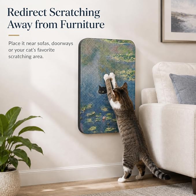 Cat Wall Scratcher, Art Cat Scratching Board for Indoor Cats | Wall Mounted Cat Scratch Pad, Water-Based Ink, Hook&Loop Strips, Floor or Wall Use, 16.7x11x1 Inch, Water Lily Pond - Image 3