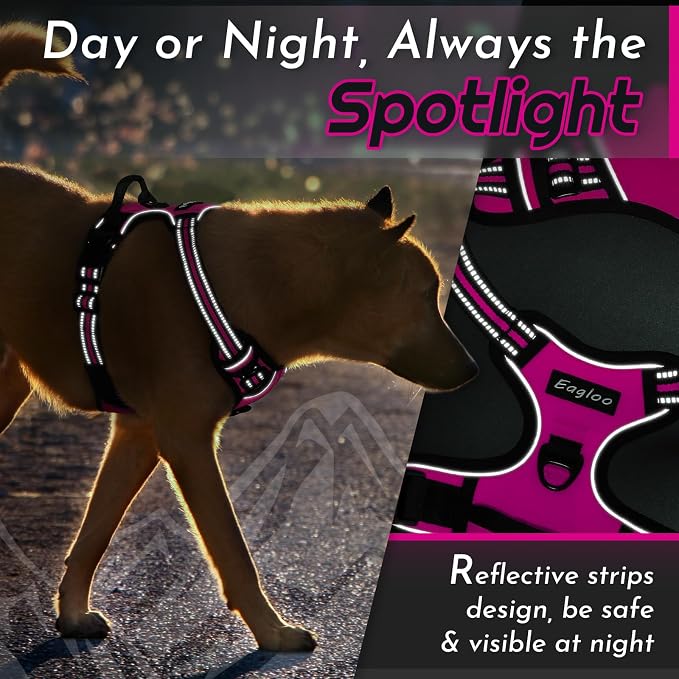 Eagloo Dog Harness for Large Dogs, No Pull Pet Vest with 2 Leash Clips | No Choke with Handle, Adjustable Comfort Fit, Reflective Strips, Easy Walking Control, Rose Red, X-Large - Image 7