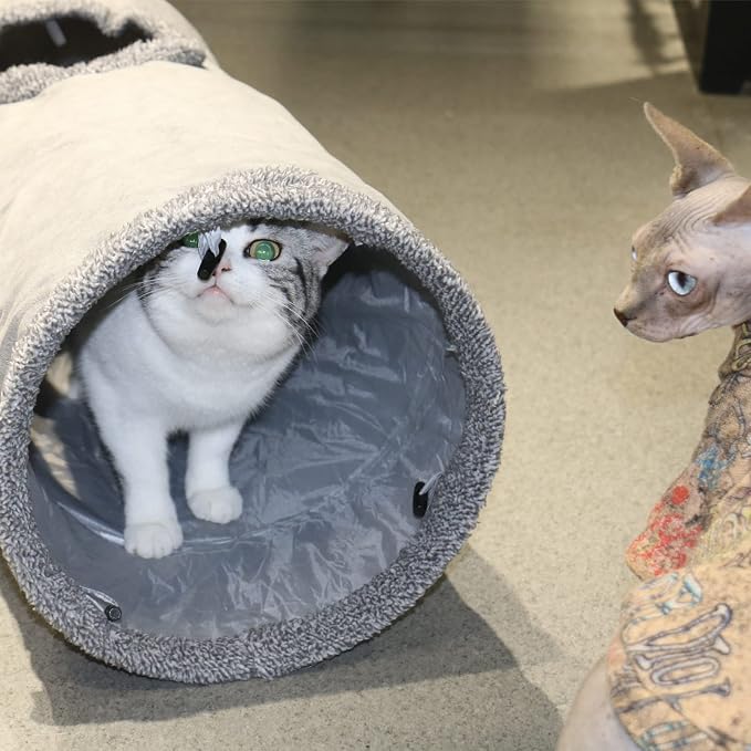 Cat Tunnel for Indoor Cats, 51×12 inch Foldable Big Cat Tunnel, Grey Suede Pet Tunnels with Two Peepholes and a Bubble Ball - Image 5