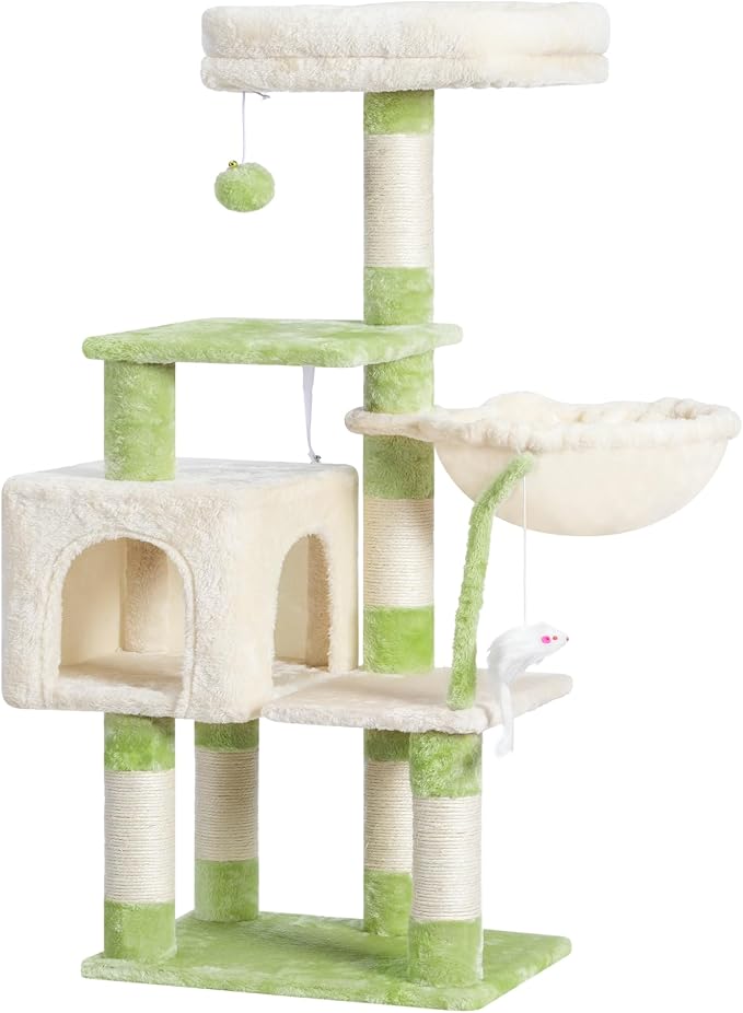 Heybly Cat Tree with Toy, 43.3 inch Cat Tower for Indoor Cats HCT004SGM | Cat Condo with Durable Sisal Scratching Posts, Cat House with Padded Plush Perch, Cozy Hammock, Green and Beige - Image 7