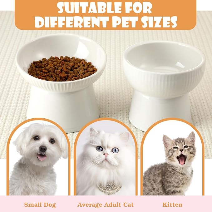 2 Pcs Cat Elevated Ceramic Bowls Raised Cat Food and Water Dishes, High Edge, Anti Vomiting Cats Feeder Bowl for Pets Kitten Puppies Dry Wet Food and Water, Dishwasher Safe - Image 3
