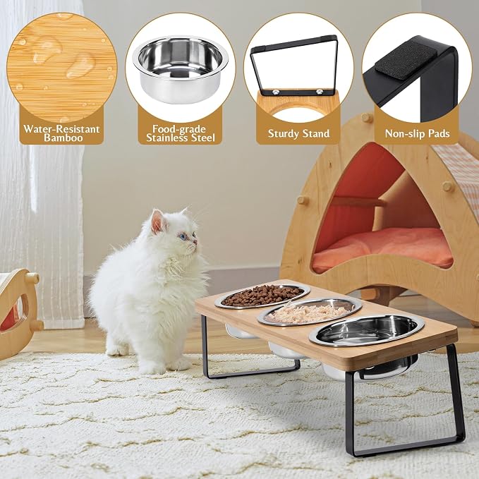 Elevated Cat Food Bowl Set for Indoor Cats, 3 Raised Water Bowl for Kitten | Whisker Friendly, Anti Vomit, Feeding Station for Puppy, Stainless Steel, Pet Dish, Easy Assembly, Bamboo, Dishwasher Safe - Image 4