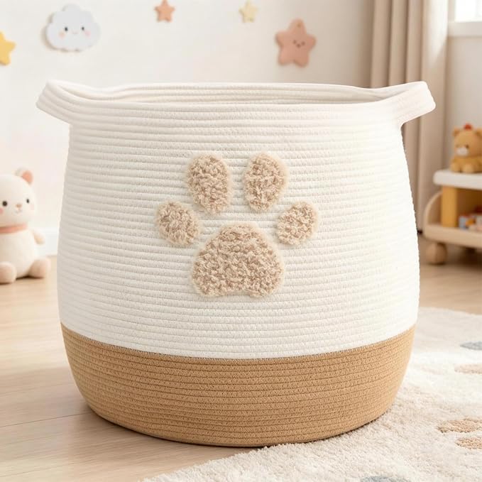 Large 17.7" Cotton Rope Pet Toy Storage Basket with Cute Paw Print - Woven Dog Toy Bin & Cat Organizer - Soft Round Hamper for Puppy Blankets, Treats, Nursery & Living Room Storage by childishness+ndup