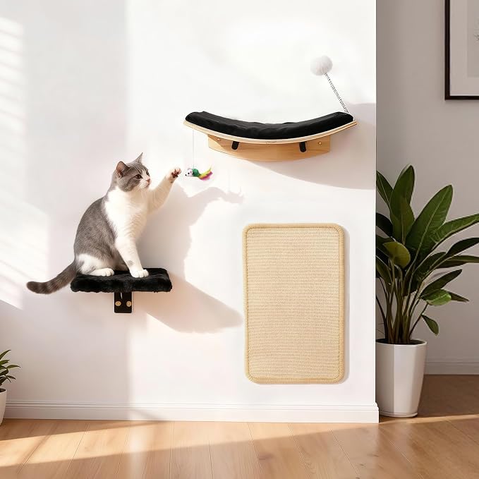 Wooden Cat Wall Shelves and Perches, 5 Piece Wall Mounted Cat Furniture System with Soft Washable Pads, Modern & Space-Saving Design for Climbing and Play - Image 2