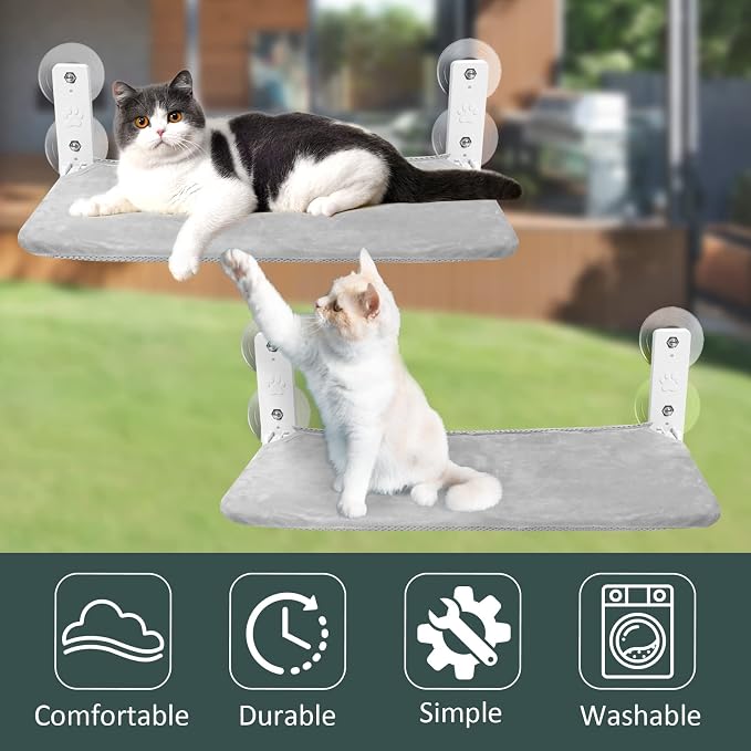 Sunhoo Cat Window Hammock Perch Cordless Perches Window Sill Seat Bed Foldable Stable Lounger Upgraded Suction Cup Easy Assembly Indoor Cats Kitty Shelf Hold Up to 55lbs（Grey,S - Image 4