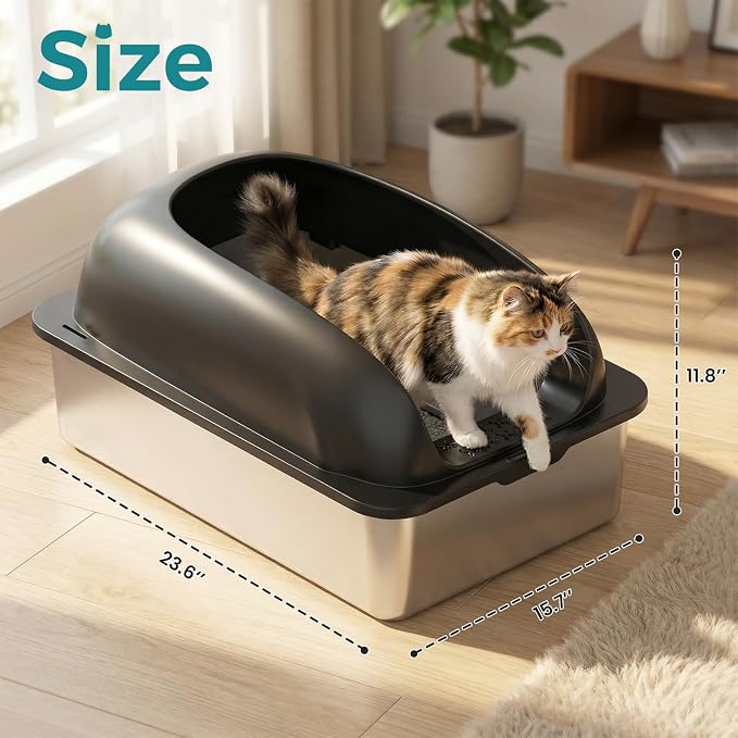 OLIXIS Stainless Steel Large Cat Litter Box with Lid, High Wall Sides | Large Cat Litter Box for Big Cats, Anti-Urine Leakage, Easy Cleaning, Scoop and Mat Included, Black - Image 5