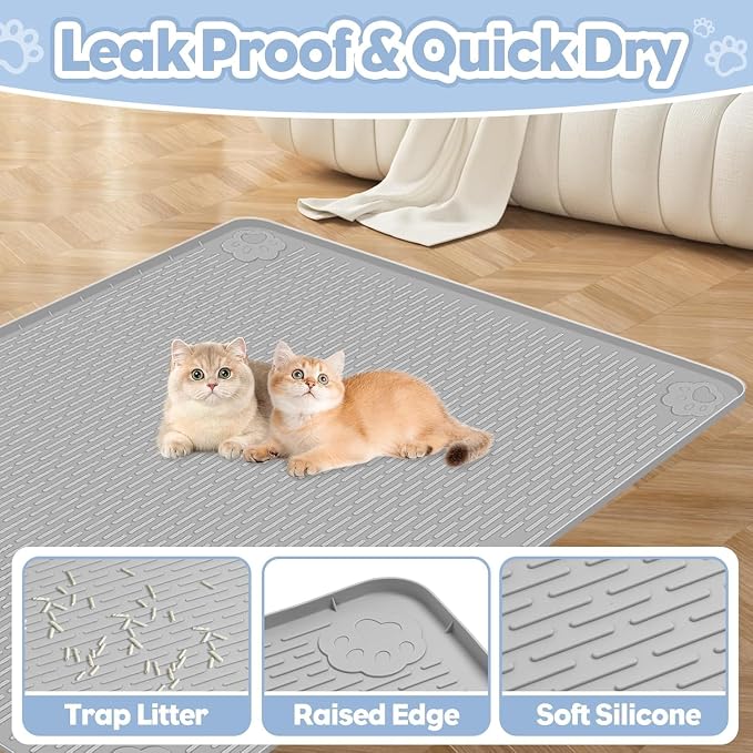 Kalolary Cat Litter Mats,40"x28"Extra Large Silicone Cat Mat for Litter Box | Easy to Clean Kitty Litter Trapping Mat, Soft on Kitty Paws, Waterproof, Urine-Proof Kittys Litter Mats for Floor, Grey - Image 3