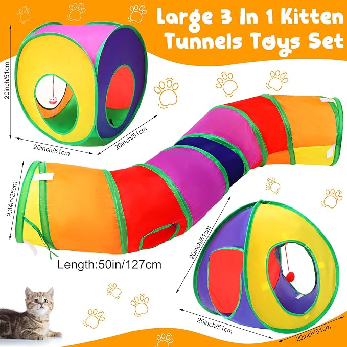 21 Pcs Cat Tunnels for Indoor Set, 3 In1 Collapsible Cat Tunnel Toy with Cube Tent Toys Combo and 20 Pcs Interactive Kitty Toys Feather Toy Fluffy Mouse Crinkle Balls for Kitten Puppy - Image 3