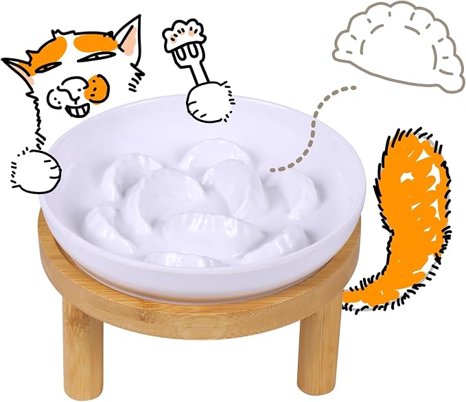Slow Feeder Bowl, 6.3″ Elevated Cat Bowl with Stand, Melamine Wide Shallow Food Bowl, Whisker-Friendly Raised Plate, Wet Food Feeder for Slow Eating (White) by FullCharm
