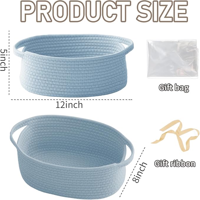 JMvicyroam Small Woven Basket, Empty Gift Basket, Blue/3 Pack | Small Gift Basket, Cotton Rope, 12 x 8 x 32 in, Handles, Includes Ribbon and Bag, Birthday Gift Basket - Image 2
