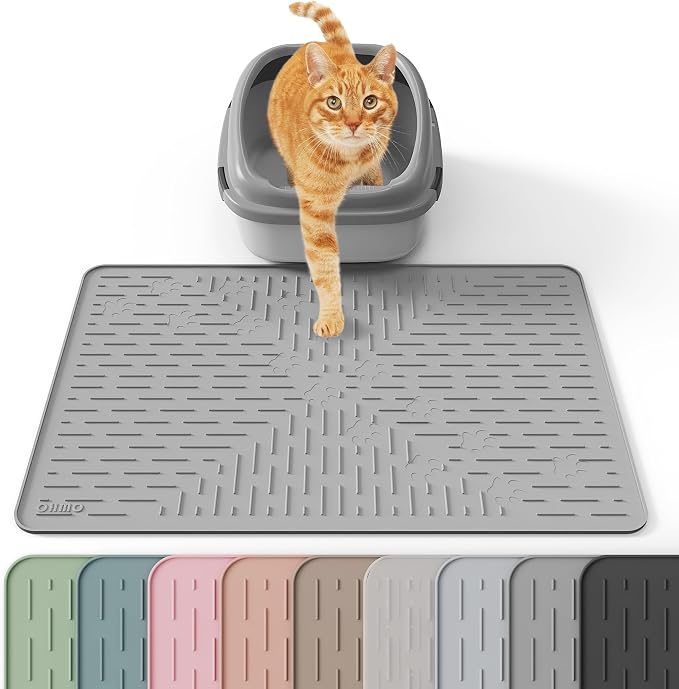 Cat Litter Mat, 23.5x16 Silicone Trapping Mat Grey | for Kitty Litter Box, Easy Clean, BPA Free Rubber, Center Litter Collection, Easy Pour-Back, Waterproof, Odor-Resistant by OHMO
