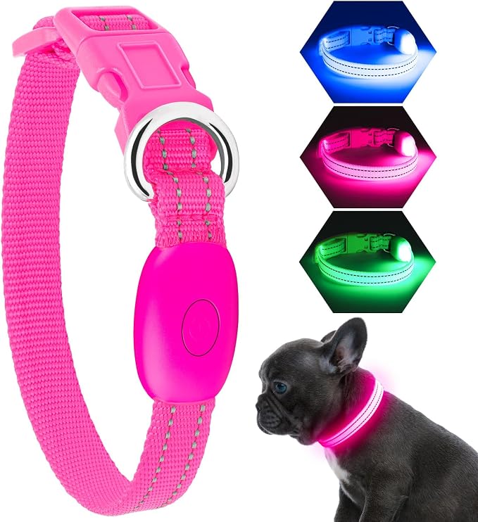 Light Up Dog Collar, Rechargeable USB Collar, Waterproof, Luminous LED Collar, Adjustable, Super Bright, Night Walking for Small Medium Large Dogs, Pink, S by KOSKILL