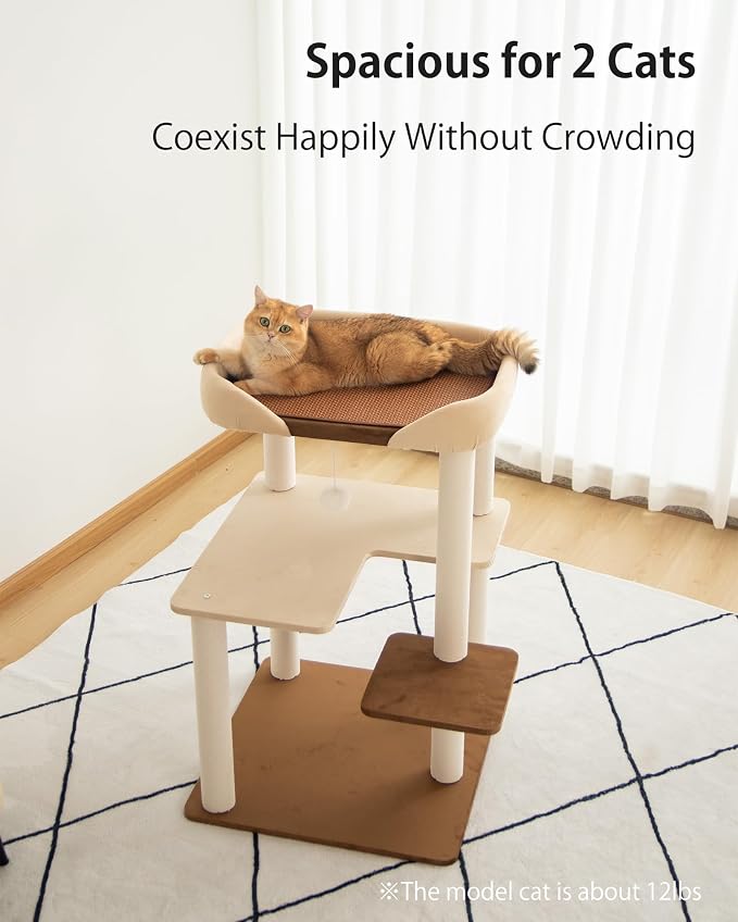 Cat Tree for Large Cats Modern Senior Friendly Wide Shelves 37.4'' | Wide shelves, cotton scratching posts, super sturdy base, cozy perch, interactive toys, luxury fabric - Image 2