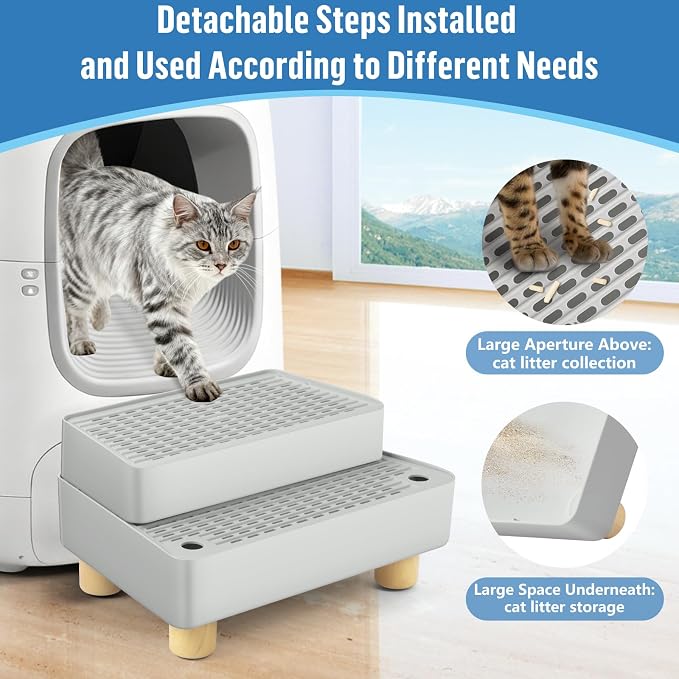 Extra Large 2 Steps Cat Litter Box Step Ramp, Cat Litter Catcher Mat with Wooden Feet, Filter Function, Cat's Pedal Stool for Self-Cleaning Litter, Suitable Kitten & Elderly Cats (Light Grey) - Image 3