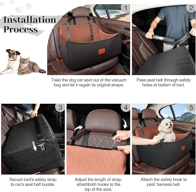 Wooaidagg Dog Car Seat for Medium & Large Dogs Up to 55lbs, Memory Foam Cushion, Washable Cover, Safety Straps & Non-Slip Bottom(Black/Brown,Large) - Image 6