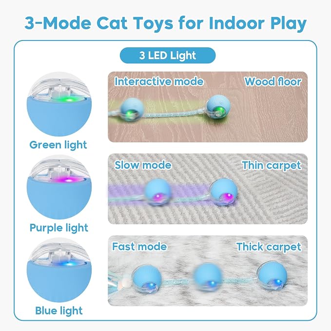 Interactive Cat Toys for Indoor Cats & Dogs, Agile Moving Cat Ball with Elastic Mesh Tail, Rechargeable Enrichment Toys, Smart Automatic Rolling Pet Ball Toys for Bored Indoor Dogs & Cats (Blue) - Image 4