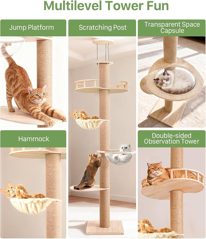 4 Level Floor to Ceiling Cat Tree,55-115in Adjustable Height Tall Cat Tower | Space-Saving Design, Heavy Duty Plywood Cat Pole with Jump Platform, Hammock & Capsule - Image 5