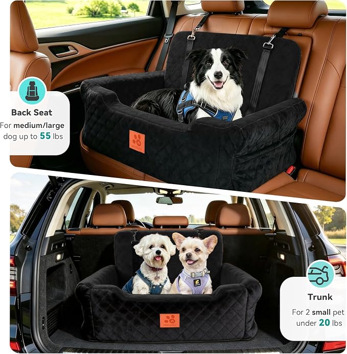 XIEEAOZEE Dog Car Seat for Large/Medium Dogs Up to 55 Lbs, Soft Fabric Car Dog Bed Filling Memory Foam, Removable and Washable Pet Booster Carseat with 2 Safety Leashes, Thick Cushion (Black) - Image 3