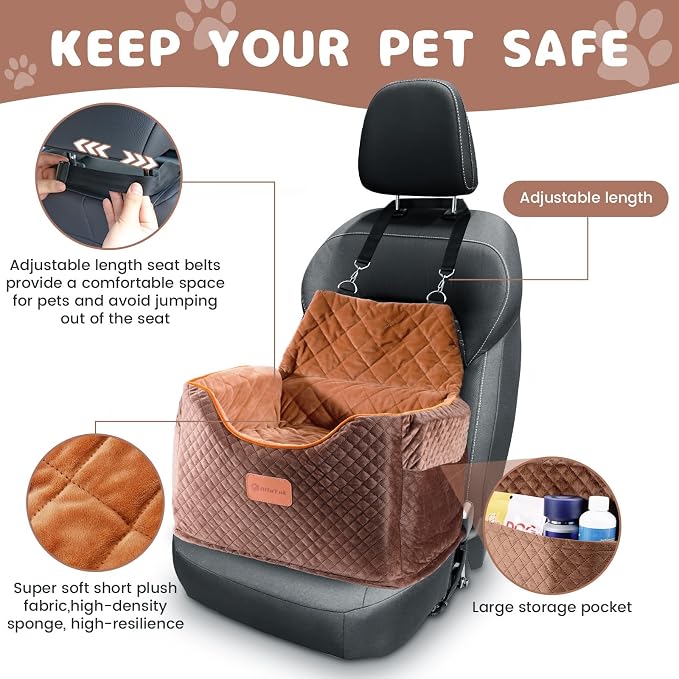 AlfaTok Memory Foam Booster Dog Car Seat with Washable Removable Cover, Elevated Pet Car Seat, Anti-Slip Sturdy Booster Seats for Small Dogs 35lbs, Seat Belt, Storage Pocket, Dog Blankets - Image 4