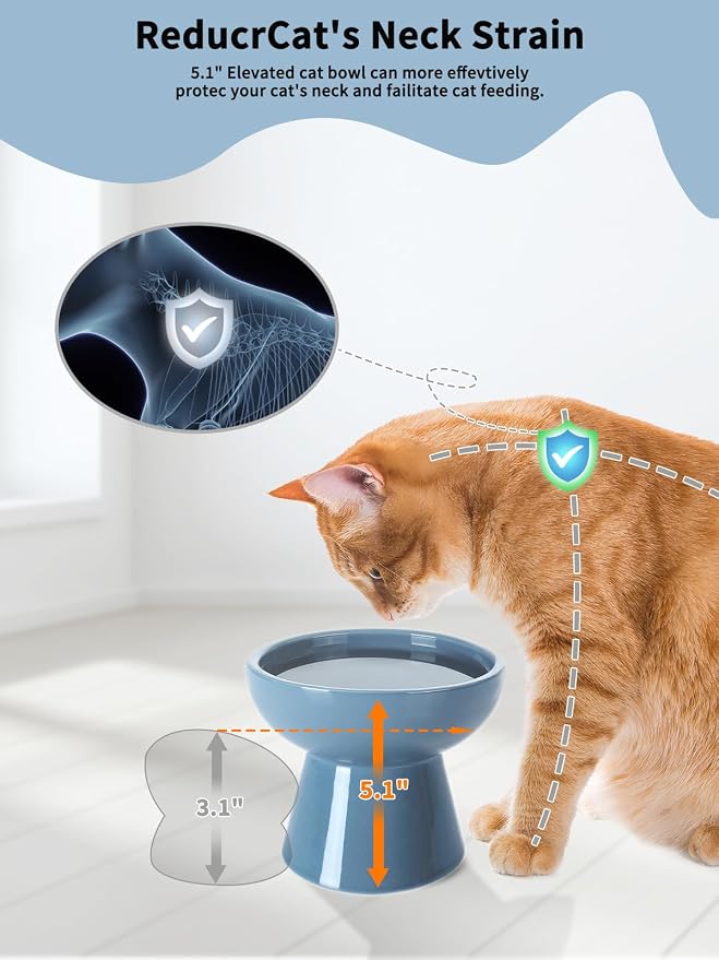 LoeJan Elevated Cat Food and Water Bowls Set, Extra Wide and Raised Ceramic Feeder, Anti-Vomit Whisker-Free Pressure Feeding Bowl for Kittens Adult Small Dogs, Deep Blue - Image 4
