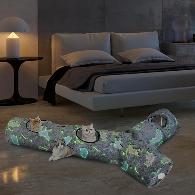Cat Tunnels for Indoor Cats, Self-Luminous Cat Tunnel with Plush Ball, 3 Way Kitten Tunnel Collapsible, Cat Play Tunnel with Interactive Peephole for Large Cat, Puppy, Kitten - Image 6