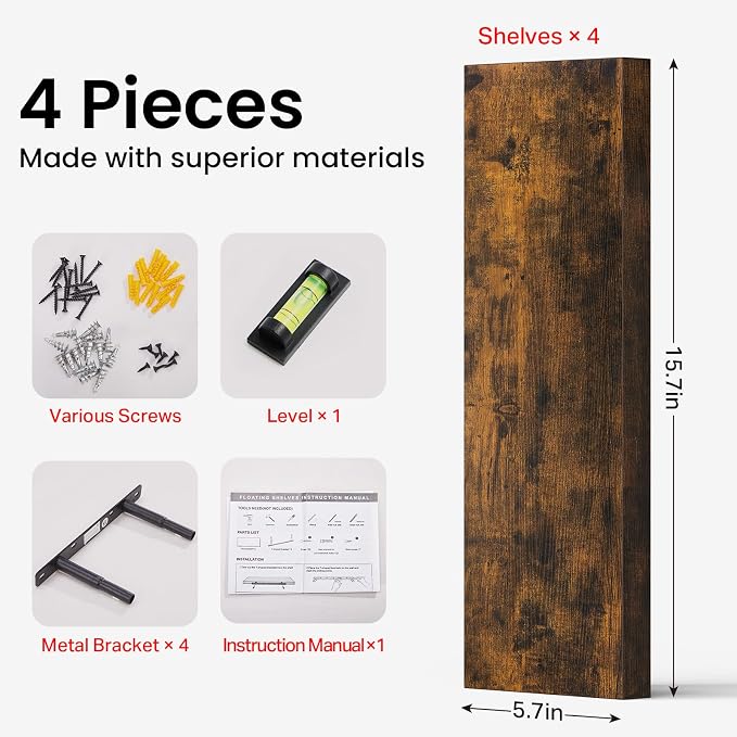 BAYKA Rustic Brown Floating Shelves 15.7in, Set of 4, Wall Mount Wood Shelf | Easy Install, 22lbs Max Load, Hidden Bracket, Hanging Shelf for Books Storage/Room Decor, Multi-Wall Compatible - Image 3