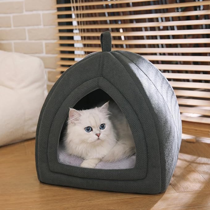 Amazon Basics Cat Cave Bed, 2-in-1 Foldable House for Indoor Cats, with Washable Cushion and Non-Slip Base, 17.5 x 17.5 Inches, Large - Image 4