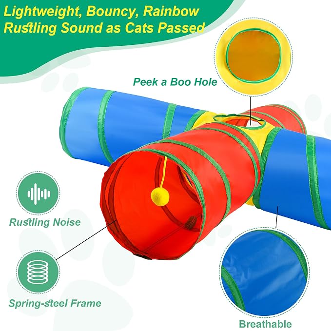 Cat Tunnel 4 Way Collapsible, Interactive Cat Toys for Indoor Cats, 12 PCS Cat Springs Toy Kitten Toys Pack, Large Rainbow Bunny Tunnel Tube with Peephole, Pet Tunnels for Cats Kitty Rabbits - Image 6