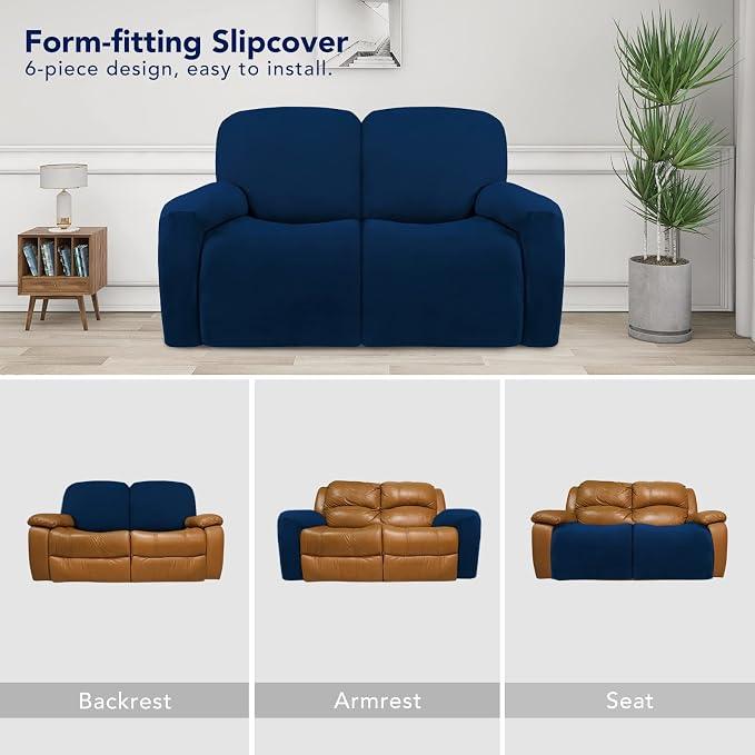 PureFit Super Stretch Loveseat Recliner Sofa Couch Cover with Pocket | 2 Seats Non Slip Soft Sofa Slipcover, Washable Reclining Furniture Protector for Kids, Pets (Recliner Loveseat, Navy) - Image 4