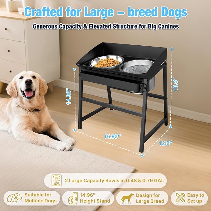 Bobbie & Laxi 15" Tilted Elevated Dog Bowl, Spill-Proof with Plastic Guard | Raised Dog Bowl with Metal Stand;Stainless Steel Food Bowl & Water Bowl Set with Splash Guard; Easy Clean Large Dog Bowl - Image 7
