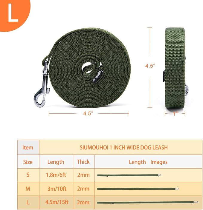 Strong Durable Nylon Dog Training Leash, 1 Inch Wide Traction Rope, 6 ft 10ft 15ft Long, for Small and Medium Dog (Military Green, 15 Feet) - Image 2