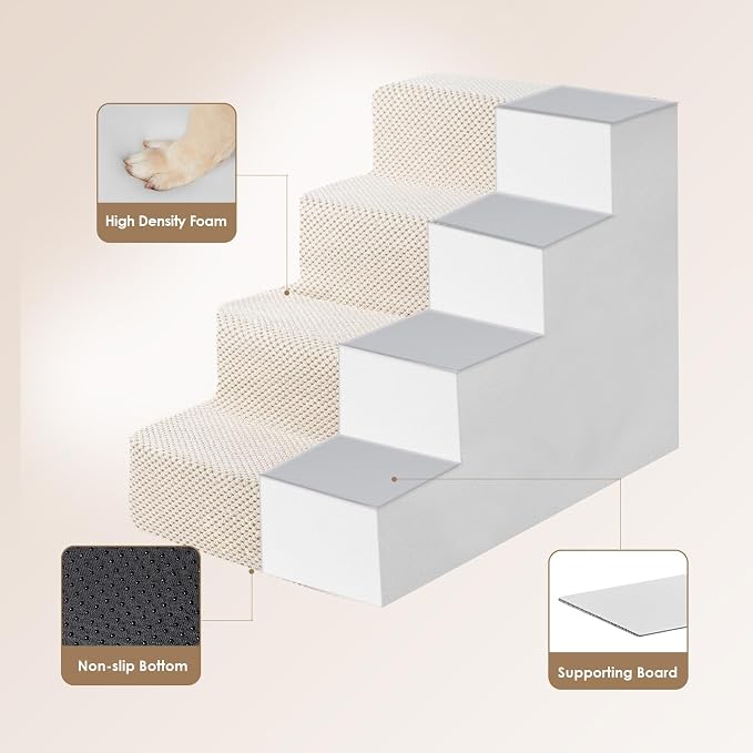 EHEYCIGA Dog Stairs for Bed 18" H, 4-Step Dog Steps for High Bed, Beige | Pet Steps for Small Dogs and Cats, Non-Slip Balanced Pet Ramp Indoor - Image 3