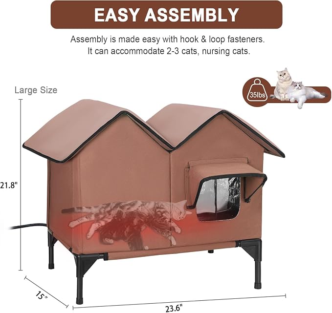 Heated Cat House for Outside Winter, Large Heated Outdoor Cat House Weatherproof, Elevated Bed, Escape Door, Insulated Outdoor Cat Shelter with Heater for Multiple Cats Feral Stray Kitty, Easy Setup - Image 5