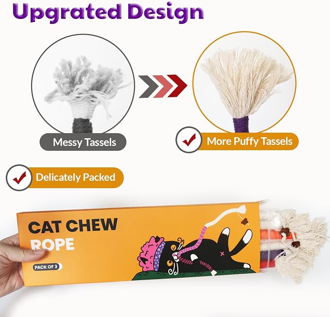 Cat Toys for Indoor Cats, Kitten Toys for Indoor Kittens, Catnip Rope Chew Toys for Teeth Cleaning, Interactive Cat String Toy, Kitty Kicker Toy, 3 Pack (Plus 3 Pouches of Catnip) - Image 2