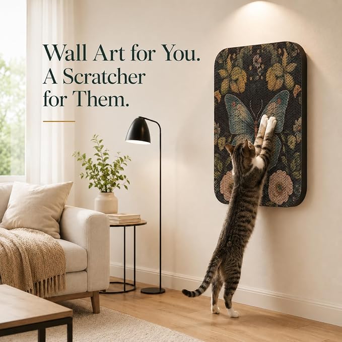 2 Pack Cat Wall Scratcher, Art Cat Scratching Board for Cats | Wall Mounted Cat Scratch Pad, Water-Based Ink, Hook&Loop Strips, Floor or Wall Use, 16.7x11x1 Inch, Butterfly & Peacock - Image 7