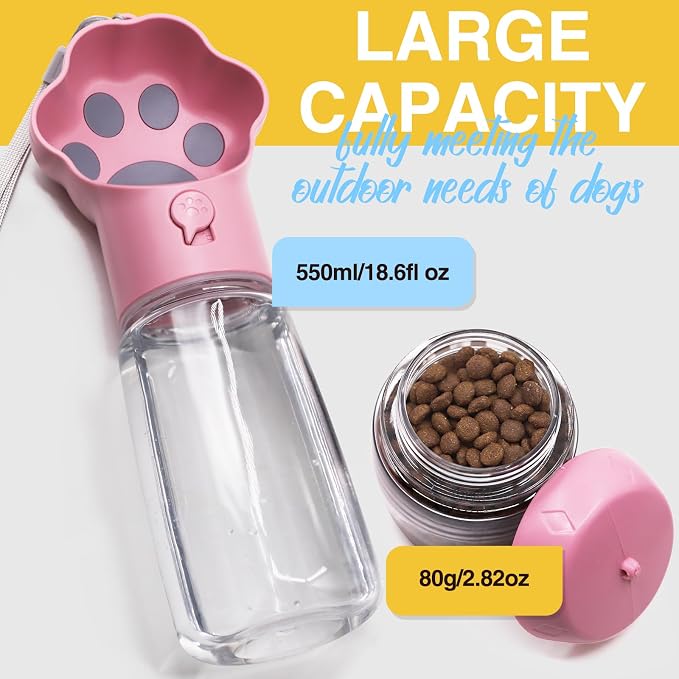 Dog Water Bottle with Food Container, Portable Pet Dispenser, Leak Proof, Hiking, Puppy Travel, Outdoor Activities(18.6 fl.oz/550ml, Pink) - Image 6