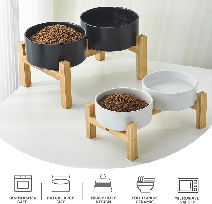 Raised Ceramic Dog Bowl Set - Elevated Dog Bowls with Non Slip Bamboo Stand, Food and Water Bowl Set for Small and Medium Breed Dogs, Pet Bowls, Weighted Dogs Dishes (6'', 2 * 30OZ, White) - Image 4
