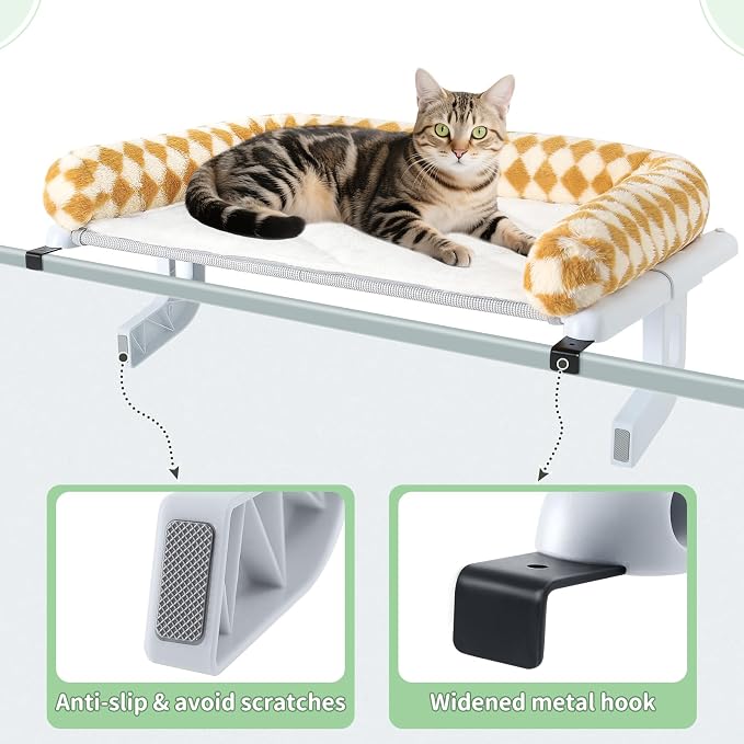 Sunhoo Cat Window Perch Hammock Sturdy Windowsill Bed Seat for Large Cats No Drilling No Suction Adjustable Kitty Shelf with Washable Cover Easy Assembly Holds up to 40 lbs 24.8 * 15 in (Brown, L) - Image 6