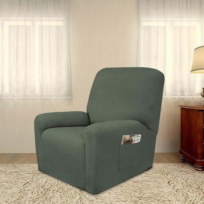PureFit Stretc Recliner Chair Covers Fleece Soft Couch Covers for Sofa | Grayish Green 4-Pieces Recliner Slipcover Pocket Couch Protector, Fleece Sofa Cover Washable with Non Slip Elastic Bottom - Image 2