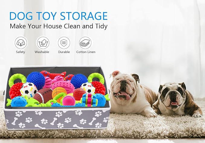 Morezi Linen-cotton blend dog toy basket and dog toy box, dog toy basket storage - Perfect for organizing pet toys, blankets, leashes, chew toys - Bone Paw - Image 2