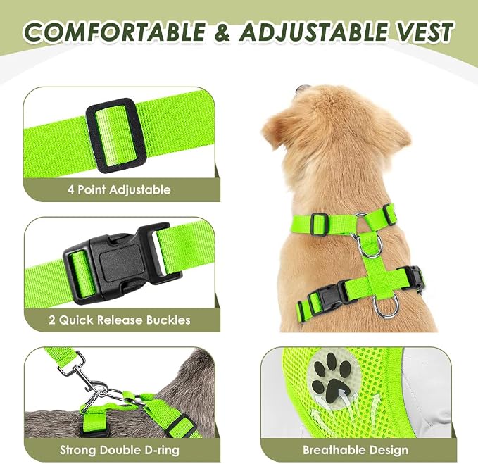 Lukovee Dog Car Harness Seat Belt, Harness & Seatbelt with 2 in 1 Buckle | Adjustable Soft Breathable Mesh Harness, Reflective Elastic Reflective Tether, for Small Medium Large Dogs Pets (Green, S) - Image 4