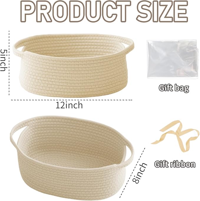 JMvicyroam Small Woven Basket, Empty Gift Basket, Beige/3 Pack | Small Gift Basket, Cotton Rope, 12 x 8 x 11 in, Handles, Includes Ribbon and Bag, Birthday Gift Basket - Image 2