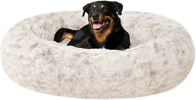 Furhaven 45" Round Calming Donut Dog Bed for Large Dogs, Refillable w/Removable Washable Cover, for Dogs Up to 90 lbs - Shaggy Plush Long Faux Fur Donut Bed - Driftwood Brown, Jumbo/XL by FurHaven