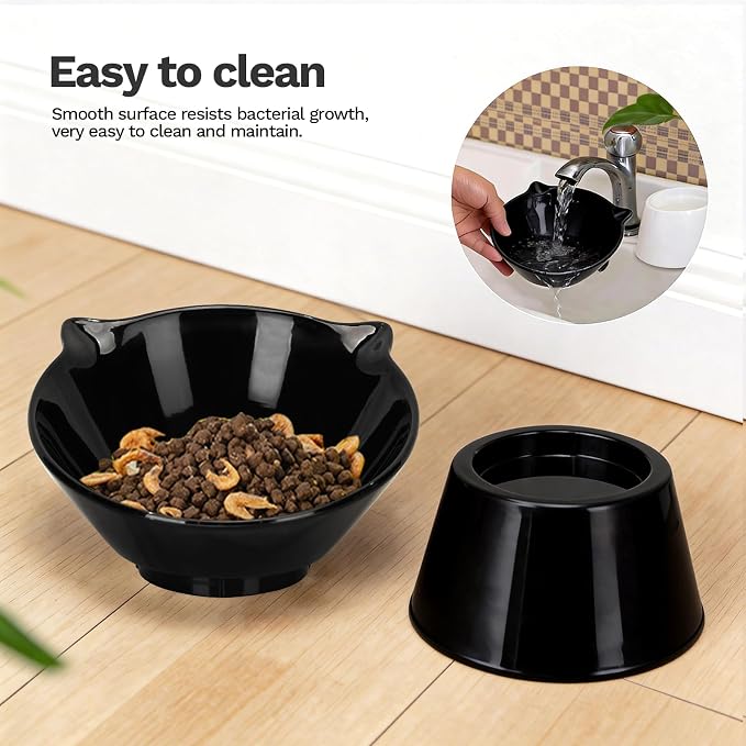 Raised Cat Bowls, 6.3" Extra Wide Shallow Elevated Cat Bowl Detachable, 15° Tilted Whisker Friendly Cat Feeding Bowl, 16oz Capacity, Anti-Vomiting, Neck Protection, Food&Water for Cats Puppies, Black - Image 5