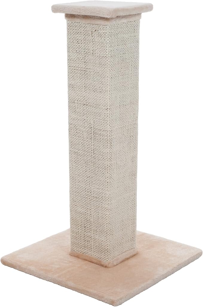 Cat Scratching Post with Carpeted Base - 27.75-Inch Sisal Burlap Fabric Scratcher - Furniture Scratching Deterrent for Indoor Cats by PETMAKER (Beige) by PETMAKER